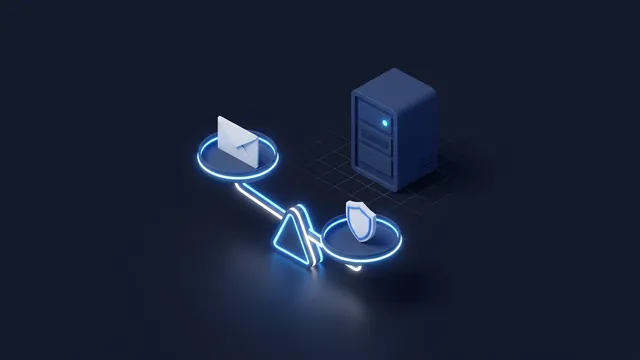 A balanced scale made of light in front of a server
