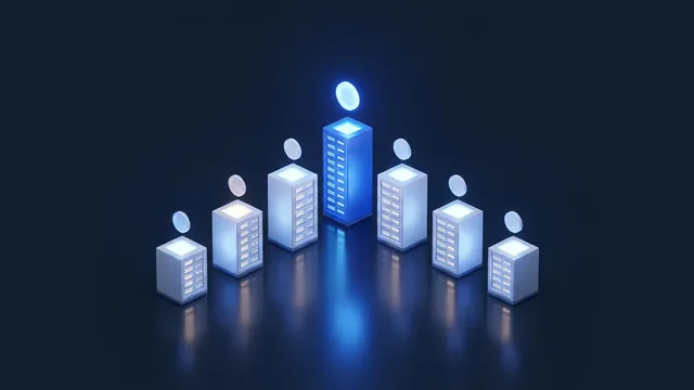 A row of glowing server towers of different heights with coins of light above them