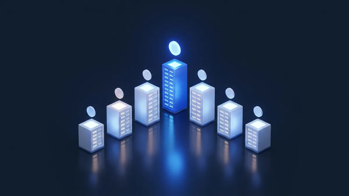 A row of glowing server towers of different heights with coins of light above them
