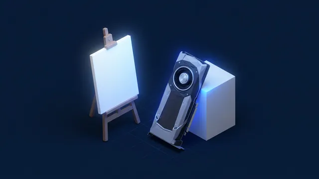 An easel with a glowing image next to a GPU