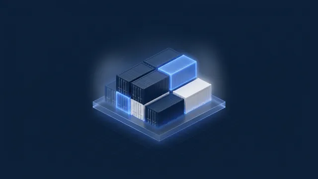 Stacked containers glowing on a floating platform