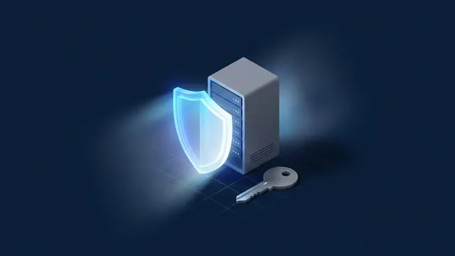 A shield in front of a server with a key beside it