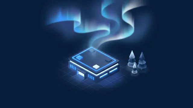 A northern data hall under an aurora made of light