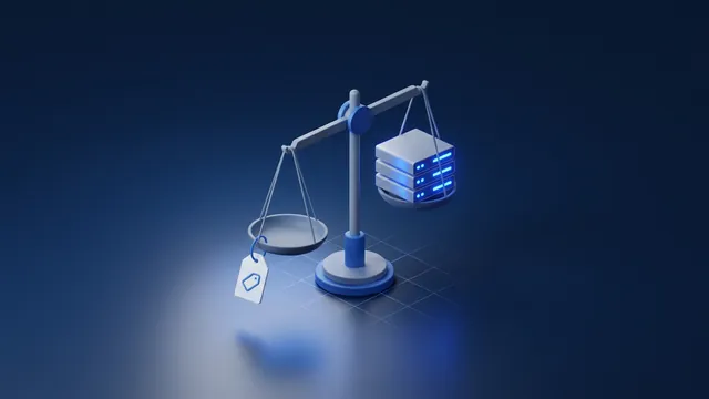 A price tag balanced on a scale against a stack of servers