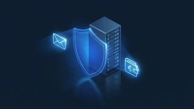 A server behind a translucent shield of light with an envelope and a wallet icon beside it