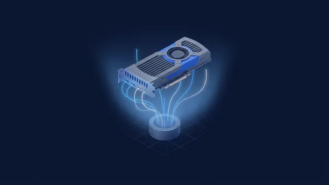 A GPU card floating above a pedestal with light beams flowing out